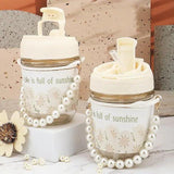 Load image into Gallery viewer, GARDINO Glasstravel Sipper With Double Drink Straw And Lids Pack Of 1,Reusable Coffee Mugs With Pearl Chain Belt &amp; Sleeve,Kids Girls Tumbler For Juice Smoothies Milk Cups (Ivory), 400 Ml Gardino