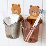 Load image into Gallery viewer, Plastic 2 Pack Toothbrush Holders for Bathroom, Self-Adhesive Waterproof Wall Mount, Teddy Bear Shaped with Cup Drain (Multicolor) Gardino