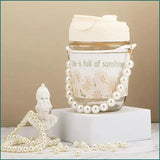 Load image into Gallery viewer, GARDINO Glasstravel Sipper With Double Drink Straw And Lids Pack Of 1,Reusable Coffee Mugs With Pearl Chain Belt &amp; Sleeve,Kids Girls Tumbler For Juice Smoothies Milk Cups (Ivory), 400 Ml Gardino