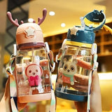 Load image into Gallery viewer, Multi-Cartoon Design Water Bottle with Straw &amp; Strap | BPA-Free, Non-Toxic, Anti-Leak Bottle for Kids | Perfect for School &amp; Home Gardino
