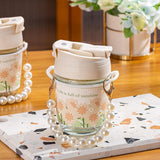 Load image into Gallery viewer, GARDINO Glasstravel Sipper With Double Drink Straw And Lids Pack Of 1,Reusable Coffee Mugs With Pearl Chain Belt &amp; Sleeve,Kids Girls Tumbler For Juice Smoothies Milk Cups (Ivory), 400 Ml Gardino