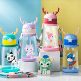 Load image into Gallery viewer, Multi-Cartoon Design Water Bottle with Straw &amp; Strap | BPA-Free, Non-Toxic, Anti-Leak Bottle for Kids | Perfect for School &amp; Home Gardino