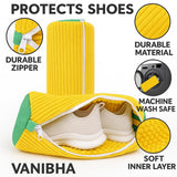 Load image into Gallery viewer, Yellow shoe organizer with text highlighting features like durable material, machine wash safe, and soft inner layer.