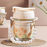 Load image into Gallery viewer, GARDINO Glasstravel Sipper With Double Drink Straw And Lids Pack Of 1,Reusable Coffee Mugs With Pearl Chain Belt &amp; Sleeve,Kids Girls Tumbler For Juice Smoothies Milk Cups (Ivory), 400 Ml Gardino