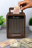 Load image into Gallery viewer, Hand placing money into a wooden piggy bank with LED display, surrounded by more money on a gray surface.