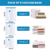 Load image into Gallery viewer, Reusable Vacuum Storage Ziplock Compression Sealer Bags for Travel clothes and home Blankets, Quilts with hand Pump - (Standard Pack of 5 (2 Small + 2 Medium + 1 Large) - Gardino